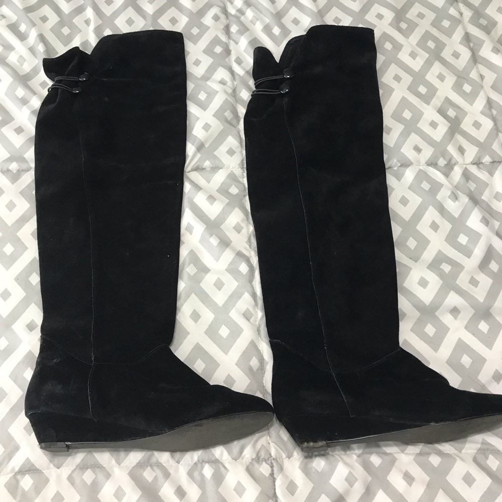 Black suede thigh high boots- low heel